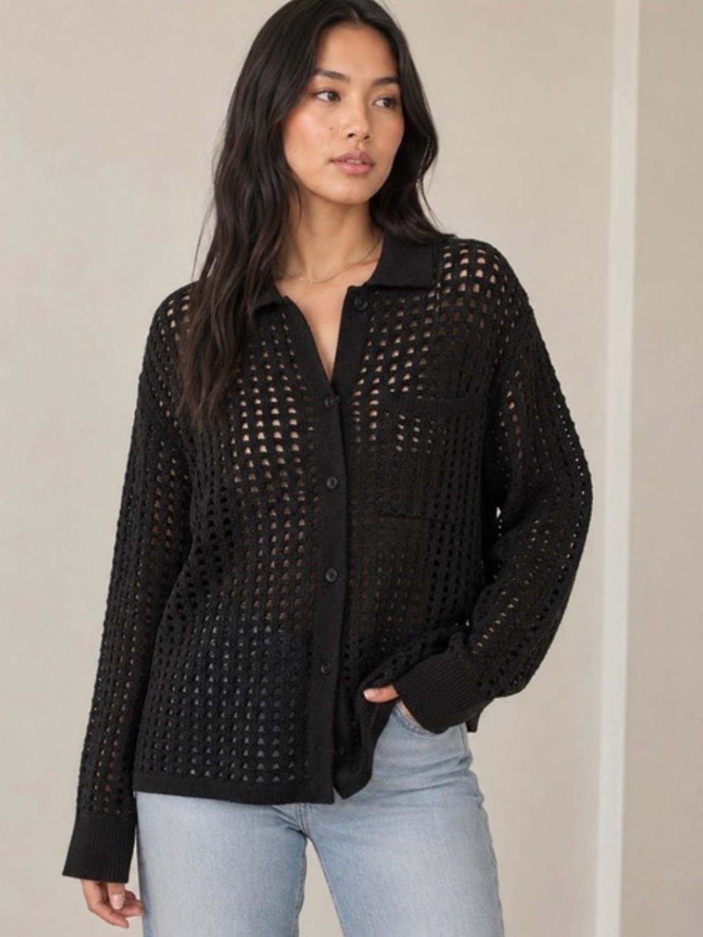 Oak + Fort Black Open-Knit Button-Front Women's Top - #255
